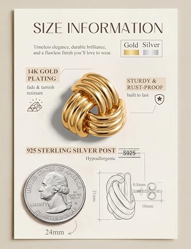 Chunky Gold Stud Earrings for Women Sterling Silver Earring Hypoallergenic | Non Tarnish 14K Gold Plated 925 Silver Posts for Sensitive Ears,Knot Statement Dangle Earrings Gold Jewelry Gifts Lightweight - color: gold plated-kont