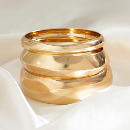 3Pcs Gold Plated Stack Bangle Bracelets for Women,Minimalism Statement Geometric High Polish Bangle Sets Striking Valentine's Day Jewelry Gitfs