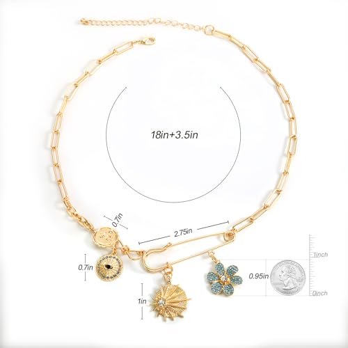 ORIGENCE Sun Heart Necklace for Women 18K Gold Plated Heart Pendant Necklace Chunky Chain Choker Necklaces Hip Hop Charm Necklaces Trendy Unisex Jewelry - style: 4Charm-Gold