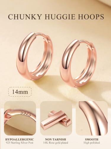 Bestyle Gold Huggies Earrings for Women Hypoallergenic 925 Sterling Silver Post Huggie Hoop Earrings Thick Lightweight Small Hoop Earrings 8/10/12/14mm - color: Rose Gold, size: 14mm