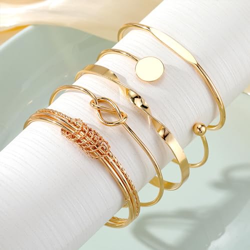 IFKM Gold Bangle Bracelets For Women, 14k Gold Plated Multi Layer Stackable Cuff Bracelet Set, Trendy Elegance Charms Non Tarnish Minimalist Textured Boho Jewelry Gift for Women - style: Multilayer opening