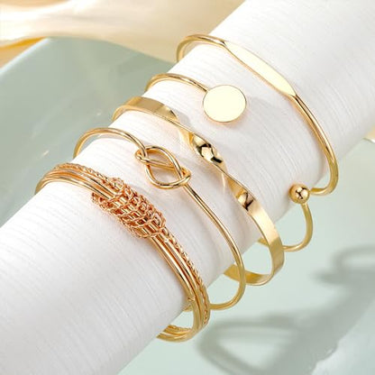 IFKM Gold Bangle Bracelets For Women, 14k Gold Plated Multi Layer Stackable Cuff Bracelet Set, Trendy Elegance Charms Non Tarnish Minimalist Textured Boho Jewelry Gift for Women - style: Multilayer opening