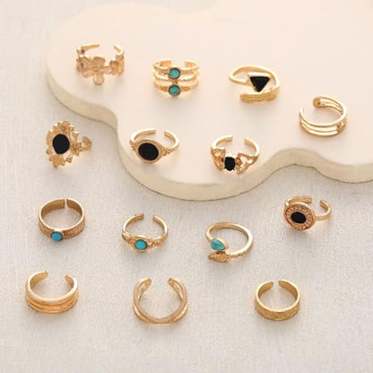 Bohemian Toe Rings for Women Vintage Turquoise Stackable Toe Ring Set Summer Hawaiian Beach Adjustable Toes Rings Ocean Foot Jewelry - style: 14PCS