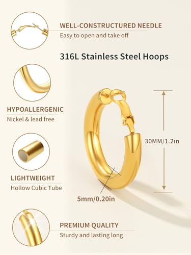 FindChic Hoop Earrings for Women, Silver/Black/14K Gold Plated Hypoallergenic Hollow Round Tube Loop Earrings, 20mm/30mm/40mm/60mm/80mm Chunky Hoops with Custom Name Options & Gift Box - color: c.Gold, size: 30MM