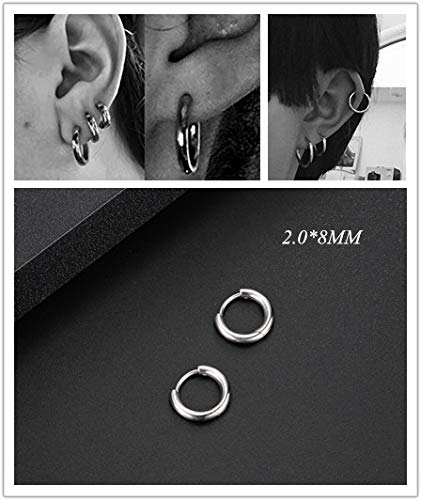 Black Hoop Earrings for Men 8mm 10mm 12mm – Surgical Stainless Steel Hypoallergenic Mens Small to Medium Hoop Earrings Set (3 Pairs) - style: H:1pair,size:8mm,color:steel