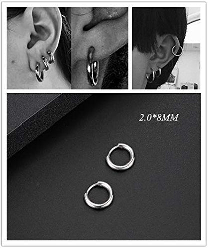 Black Hoop Earrings for Men 8mm 10mm 12mm – Surgical Stainless Steel Hypoallergenic Mens Small to Medium Hoop Earrings Set (3 Pairs) - style: H:1pair,size:8mm,color:steel
