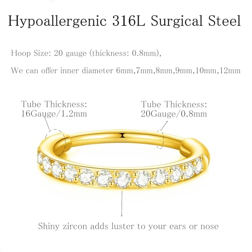 ORANGELOVE 20G 18G 16G Clear CZ Nose Ring Hoop 316L Surgical Steel Seamless Silver Septum Ring Clicker Jewelry Cartilage Earring Ear Piercing Hoop Earrings for Women Men Helix Rook Lobe Conch Tragus Daith Lip Hinged Piercing Jewelry with Cubic Zirconia -