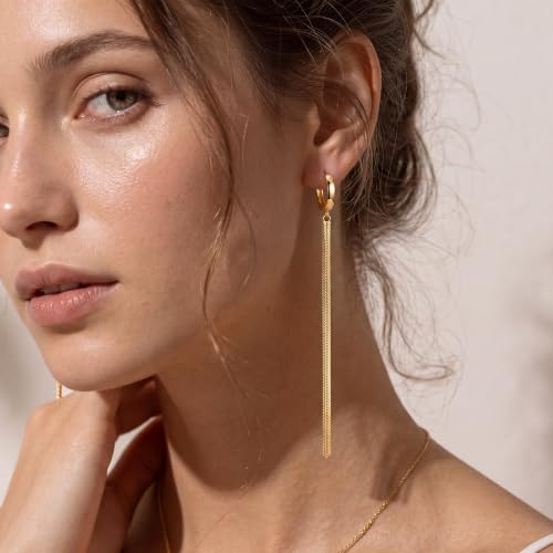 Gold Hoop Earrings for Women Long Dangle Chain Duster Earrings | 14K Gold Plated Small Huggie Hoops Hypoallergenic Long Chain Earrings Lightweight Drop Earrings for Everyday Wear Jewelry