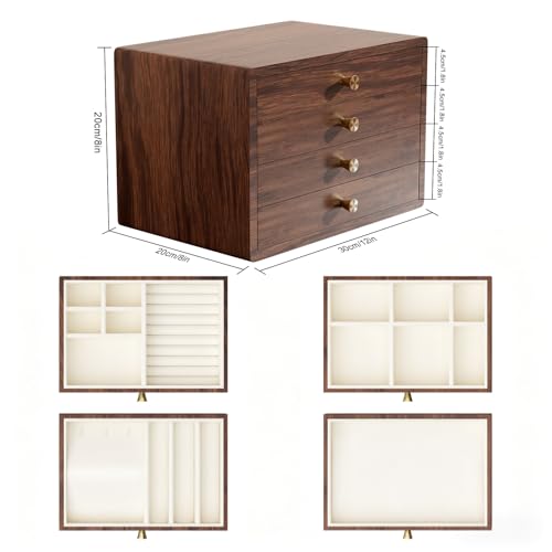 GENUINED Gifts for Women, Large Black Walnut Wooden Jewelry Box for Women, Solid Wood Jewelry Organizers and Storage(4 Layer)