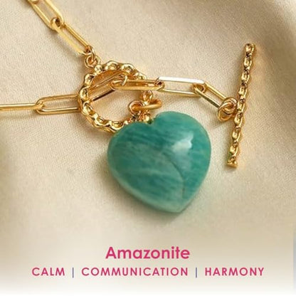 Gempires Gemstone Heart Pendant Necklace for Women, Gold Toggle Birthstone | Handmade gemstone heart pendant necklace — choose from 11 stones and birthstones, gold toggle paperclip chain. - color: Amazonite