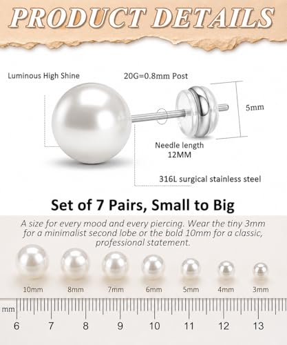 Stainless Steel Stud and Hoop Earrings Sets for Ear Stacks | Choose gold or silver pearl studs, CZ studs, flat backs, butterfly backs, hoops and multi-pair ear stack sets. - color: 7 Pairs 20G Silver-Pearl