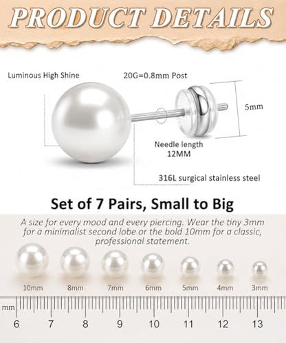 Stainless Steel Stud and Hoop Earrings Sets for Ear Stacks | Choose gold or silver pearl studs, CZ studs, flat backs, butterfly backs, hoops and multi-pair ear stack sets. - color: 7 Pairs 20G Silver-Pearl
