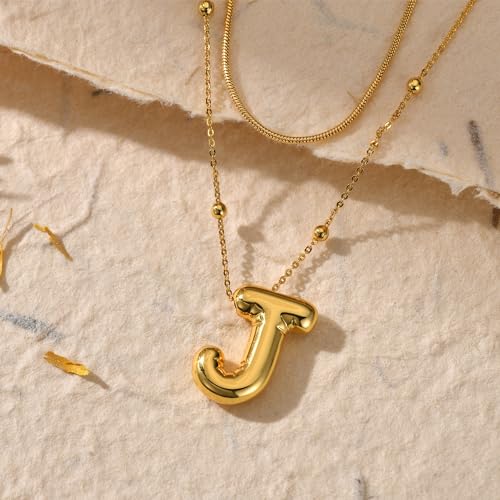 LUCA SMITH 2-Piece Initial Necklaces for Women, Dainty Balloon Bubble A-Z Letter Necklace Set, Name Letter Alphabet Pendant Layered Choker Necklaces Personalized Jewelry Gift - color: Gold bubble letter necklace, style: Initial Set-J