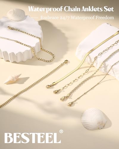Besteel Ankle Bracelets for Women Waterproof 14K Gold Plated Anklets Set | Non Tarnish Stainless Steel, Plus Size Adjustable 8-12 Inch, Hypoallergenic Layered Cuban Link Chain Summer Foot Jewelry Gift - style: 6 Pcs Gold Cuban-8.5+2.5 Inch