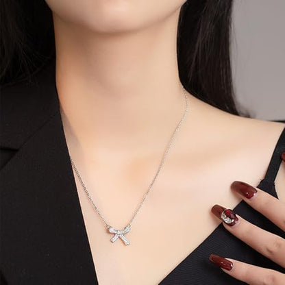 Gold Bow Necklace Bracelet Earrings Set for Women Bowknot Choker Necklace Ribbon Stud Earrings Silver Bow Bracelet Christmas Holiday Jewelry - color: Silver-1
