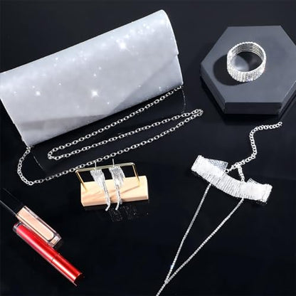 4 Pcs Silver Clutch Purse Jewelry Set for Women Rave Accessories Evening Rhinestone Purse Silver for Bride Wedding - style: Glitter Style