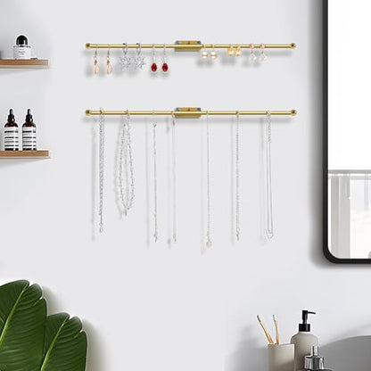 2-Pack Wall Hanging Jewelry Organizer, 14.5" Necklace Holder, Gold | For earrings, rings, bracelets, hairbands, glasses, space saving wall display, screws included - color: Gold
