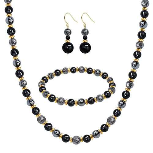 Beaded Necklaces for Women 3Pcs Colorful Boho Gemstone Bead Choker Summer Natural Stone Surfer Beach Bead Necklace Bracelets Earring Set Handmade Jewelry for Women Gift Jewelry Sets - color: Black/Grey