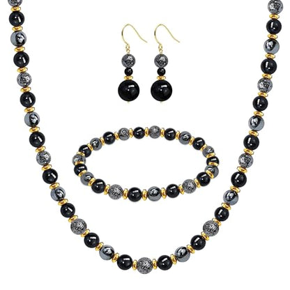 Beaded Necklaces for Women 3Pcs Colorful Boho Gemstone Bead Choker Summer Natural Stone Surfer Beach Bead Necklace Bracelets Earring Set Handmade Jewelry for Women Gift Jewelry Sets - color: Black/Grey