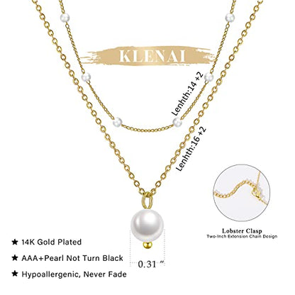 Gold Pearl Necklace For Women - 14K Gold Plated Layered Herringbone Chain Pearl Necklace, Trendy Simple Gold Jewelry Gift - color: Layered Satellite Pearl-Gold