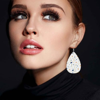 Daisy Faux Leather Earrings Wild White Poppies Flower Blossom Nature Teardrop Leather Dangle Earrings Women Earrings For Wedding Bridal - color: Daisy
