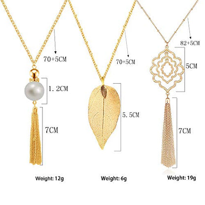 SEVENSTONE 3PCS Long Pendant Necklaces for Women Knot Disk Circle Tassel Statement Sweater Necklace Set - color: Gold-3P