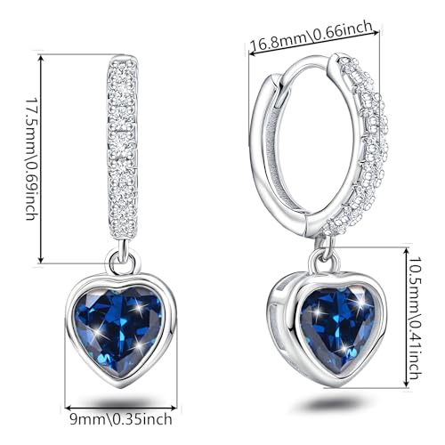 Heart Hoop Earrings with Dangle Sterling Silver Love Heart-Shaped Loop Earrings for Women Hypoallergenic Sparkle Birthstone Cubic Zirconia Hoop Earring with Dangling Charms Dainty Fashion Jewelry Gift - color: Blue