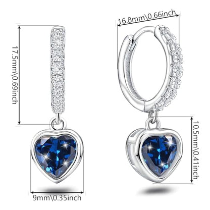 Heart Hoop Earrings with Dangle Sterling Silver Love Heart-Shaped Loop Earrings for Women Hypoallergenic Sparkle Birthstone Cubic Zirconia Hoop Earring with Dangling Charms Dainty Fashion Jewelry Gift - color: Blue
