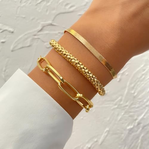 Alegend 14K Gold Plated Stackable Multilayer Bracelets + Titanium Steel(Not Rust, Resist Corruption, Easily Clean) 18K Gold Plated Single Bracelets - color: 14K Gold + 3PCS