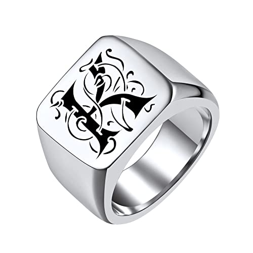 FindChic Customized Signet Photo Rings Square/Heart/Round Chunky Band Ring Stainless Steel/18K Gold Plated/Black Size 7 to 14 Personalized Jewelry for Men Women, Send Gift Box - color: 01. personalized monogram square (stainless steel)