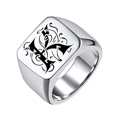 FindChic Customized Signet Photo Rings Square/Heart/Round Chunky Band Ring Stainless Steel/18K Gold Plated/Black Size 7 to 14 Personalized Jewelry for Men Women, Send Gift Box - color: 01. personalized monogram square (stainless steel)