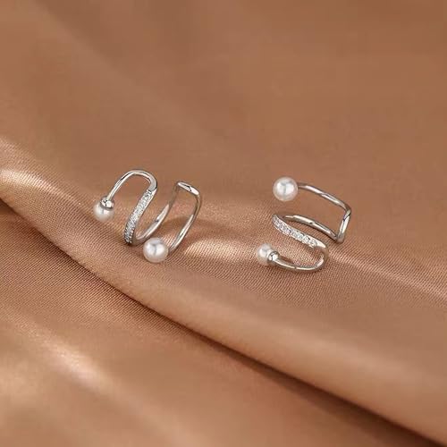S925 Sterling Silver Pearl Ear Cuff Earrings for Women Mom Dainty 14K Gold Plated Pearl Wrap Earring Ear Cuff Non Piercing Clip-On Cartilage Earring Mothers Day Birthday Wedding Jewelry Gifts - color: Silver