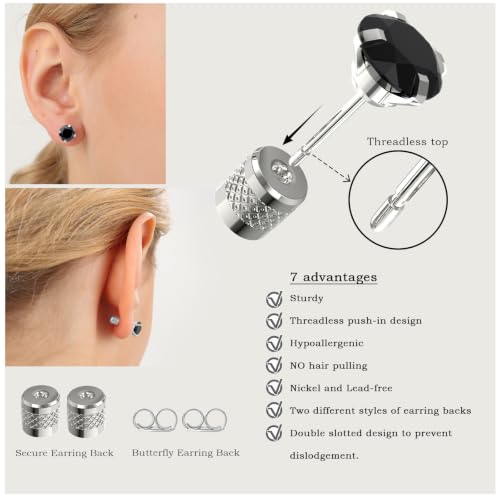 5-6 pairs Push-in Flat Back Stud Earrings Hypoallergenic Surgical Stainless Steel Cubic Zirconia Earrings Studs Set Multi-Pack, CZ Stud Earrings for Women Men Trendy Cartilage Stud Earrings 2-8mm - color: black-4/5/6/7/8mm
