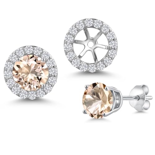 Gem Stone King 14K White Gold 6MM Round Gemstone Birthstone Stud Earrings with Removable Jackets and Lab Grown Diamond Accents | Gold Earrings For Women | Fine Jewelry Gift for Her Mom Women Wife - color: Morganite-October