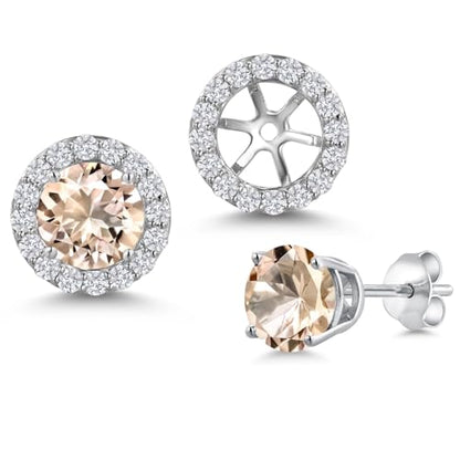 Gem Stone King 14K White Gold 6MM Round Gemstone Birthstone Stud Earrings with Removable Jackets and Lab Grown Diamond Accents | Gold Earrings For Women | Fine Jewelry Gift for Her Mom Women Wife - color: Morganite-October
