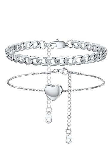 U7 2Pcs/3Pcs Ankle Bracelets for Women, Stainless Steel Cuban Link/Figaro/Rope/Heart Chain Anklets Sets,Waterproof Layered Anklets Adjustable 8.5"-10.5" - color: 02. 2Pcs Style B-Stainless Steel