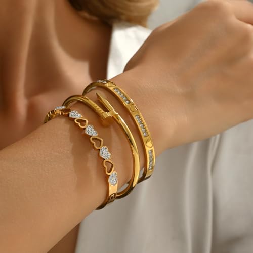 Gold Bangle Bracelets Set Stainless Steel Heart Stack Bracelet Hypoallergenic Dainty Bracelet For Women - color: Style 3
