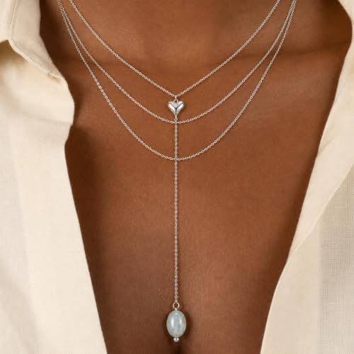 Mchic Gold Necklace for Women Dainty Long Lariat Necklace 18K Gold/Silver Plated Y-Shaped Pendant Necklaces Minimalist Layered Drop Necklaces Trendy Jewelry Gift - color: Silver2