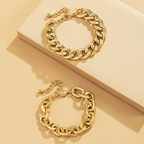 Boho Fashion Dainty Simple Gold Silver Chain Beads Bracelets Set for Women Adjustable Beaded Chunky Flat Cable Chain Punk Bracelets Jewelry for Women Set of 2(Gold) - color: Gold
