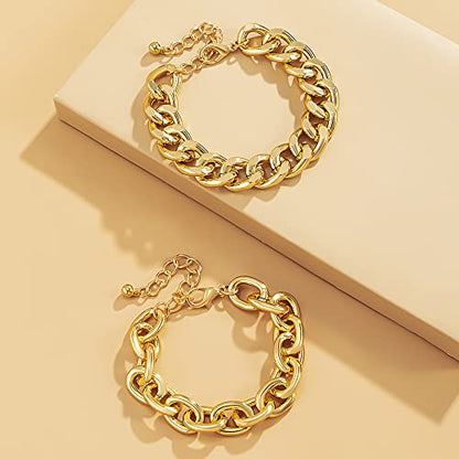 Boho Fashion Dainty Simple Gold Silver Chain Beads Bracelets Set for Women Adjustable Beaded Chunky Flat Cable Chain Punk Bracelets Jewelry for Women Set of 2(Gold) - color: Gold