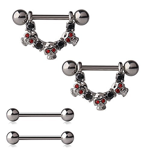 316L Stainless Steel Skulls CZ Gem Nipple Shield Ring & Nipple Barbell Bar Retainer Body Piercing 14G 4PCS