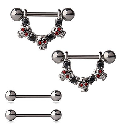 316L Stainless Steel Skulls CZ Gem Nipple Shield Ring & Nipple Barbell Bar Retainer Body Piercing 14G 4PCS