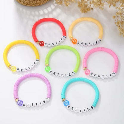 Friendship Bracelets for Women - Heishi Surfer Colorful Smile Evil Eye Clay Beaded Stretch Bracelets Elastic Layering - Stackable Boho Disc Y2K Aesthetic Summer Jewelry Set. - color: Besties Bracelets 7pc