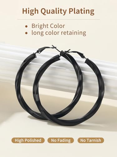 FindChic Twisted Hoop Earrings for Women, Silver/Black/14K Gold Plated Hypoallergenic Hollow Tube Rounded Loop Earrings, 30mm/40mm/60mm/80mm Hoops with Custom Name Options and Gift Box - color: a.Black, size: 60MM