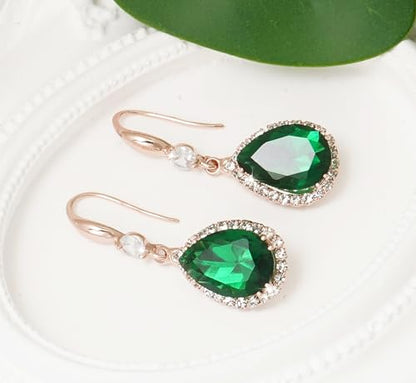 Crystal Drop Earrings for Women Cubic Zirconia Teardrop Earrings Sparkling Rhinestone Dangle Earring - color: Gold Green