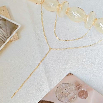 HERIER Lariat Gold Necklace for Women, Dainty Long Necklace 14k Gold Plated/Silver Y-Shaped Layered Beaded Chain Drop Necklaces for Women Trendy Simple Gold Jewelry for Women Gifts - color: Y Layered Bar-Gold