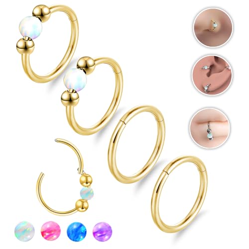 4PCS Nose Rings Opal 18G Nose Hoops 316L Surgical Steel Hypoallergernic Nose Piercings Jewelry for Women Nose Rings Suitable for Septum Rings Cartilage Earring Tragus Earring - color: Gold White, size: 4 PCS 18G 10mm*10mm