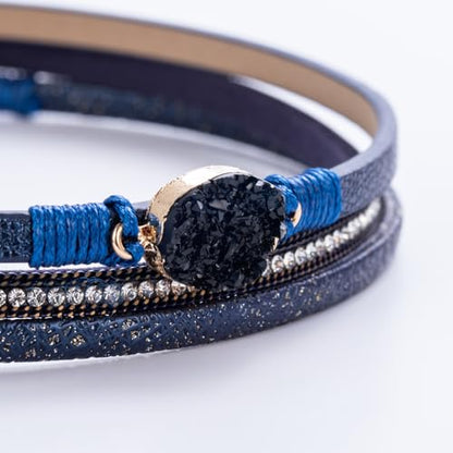 Boho Chunky Leather Wrap Bracelets Stackable Beaded Western Country Jewelry | Crystal Bead Trendy Layered Cuff Magnetic Clasp Stack Bohemian Statement Costume Outfits Cowgirl Fashion Hippie Accessories - color: Navy Blue, size: 14.7"