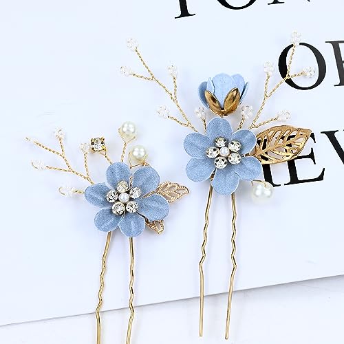 Cinaci 18 Pieces Bridal Wedding Party Prom Pearl Rhinestone Light Blue Flower Hair Side Combs Slides+U-shaped Flower Hair Pins+Twist Spiral Hairpins Floral Headpieces for Brides Bridesmaids Women Girl - color: Light Blue