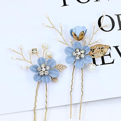 Cinaci 18 Pieces Bridal Wedding Party Prom Pearl Rhinestone Light Blue Flower Hair Side Combs Slides+U-shaped Flower Hair Pins+Twist Spiral Hairpins Floral Headpieces for Brides Bridesmaids Women Girl - color: Light Blue